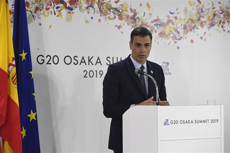 29/06/2019. Pedro Sánchez asiste a la Cumbre del G-20. El presidente del Gobierno en funciones, Pedro Sánchez, durante su intervención al fi...